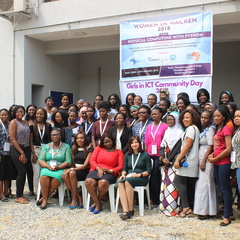Presenters and participants in the “Girls In ICT Community Day” pose for a group photograph.